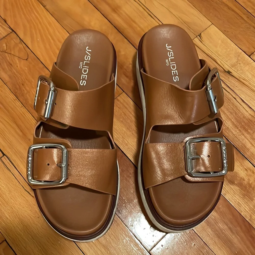 J Slides Brown Double Buckle Platform Sandals